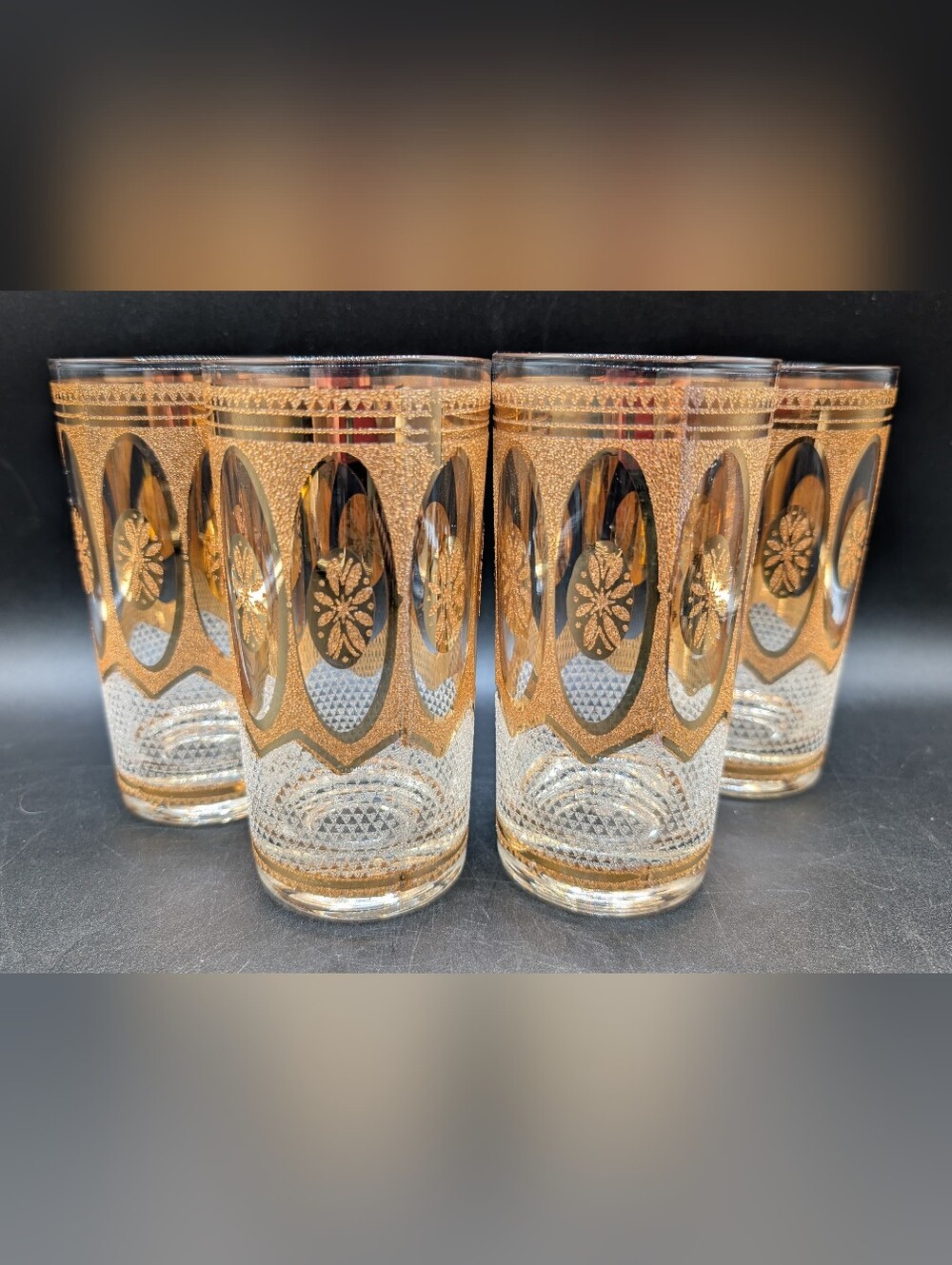 Set 4 Mid Century 22k Gold Culver Highball Glasses, Textured, EXCELLENT
